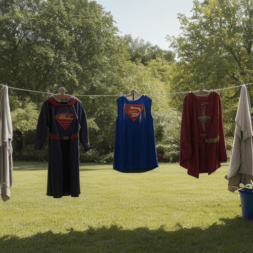AI generated: clothes of superman hanging on a drying rope in backyard in sun. a clothes bucket can be seen on law...