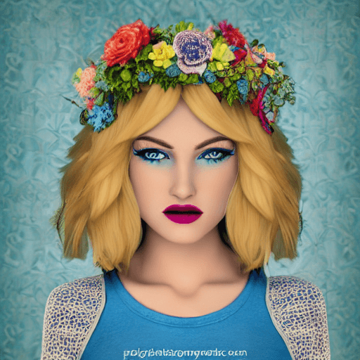 AI generated: Lady with floral headdress, blonde hair, blue eyes, seductive attire, garden, sunny day, realistic t...
