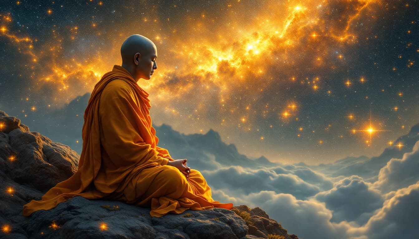 AI generated: 
budist monk in golden ..sitting beside is in serenity ,meditation zen,,nebulain golden colors and s...