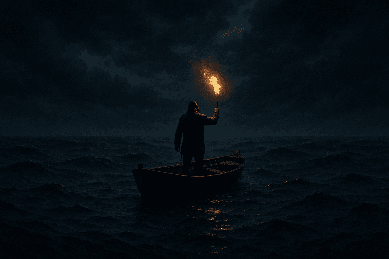 AI generated: A lone figure stands in a small wooden boat on a vast, dark ocean, holding a torch high above their ...