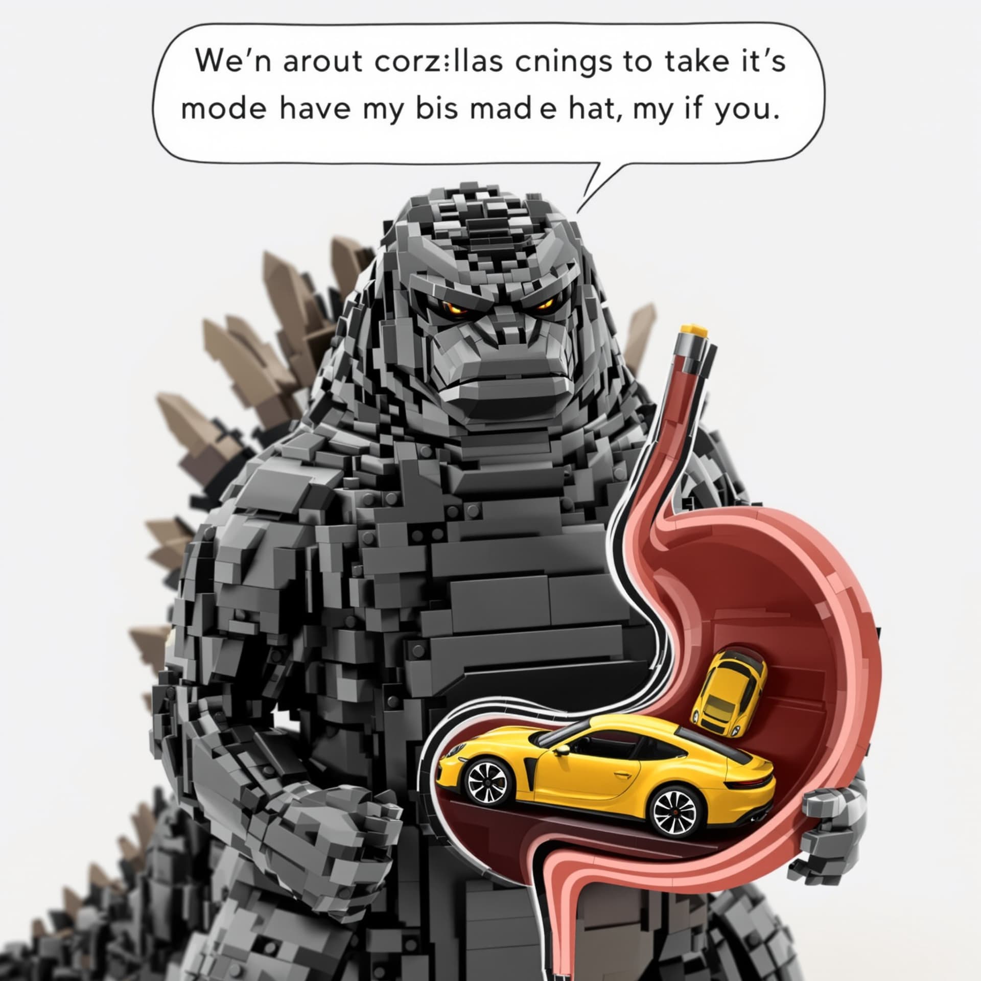 AI generated: Godzilla has eaten a yellow Porsche Taycan made out of Lego.  He regrets his decision because he has...