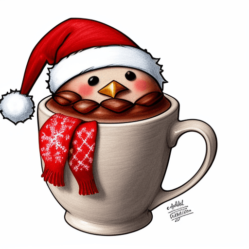 AI generated: detailed drawing of a cup with a Christmas scarf and hat