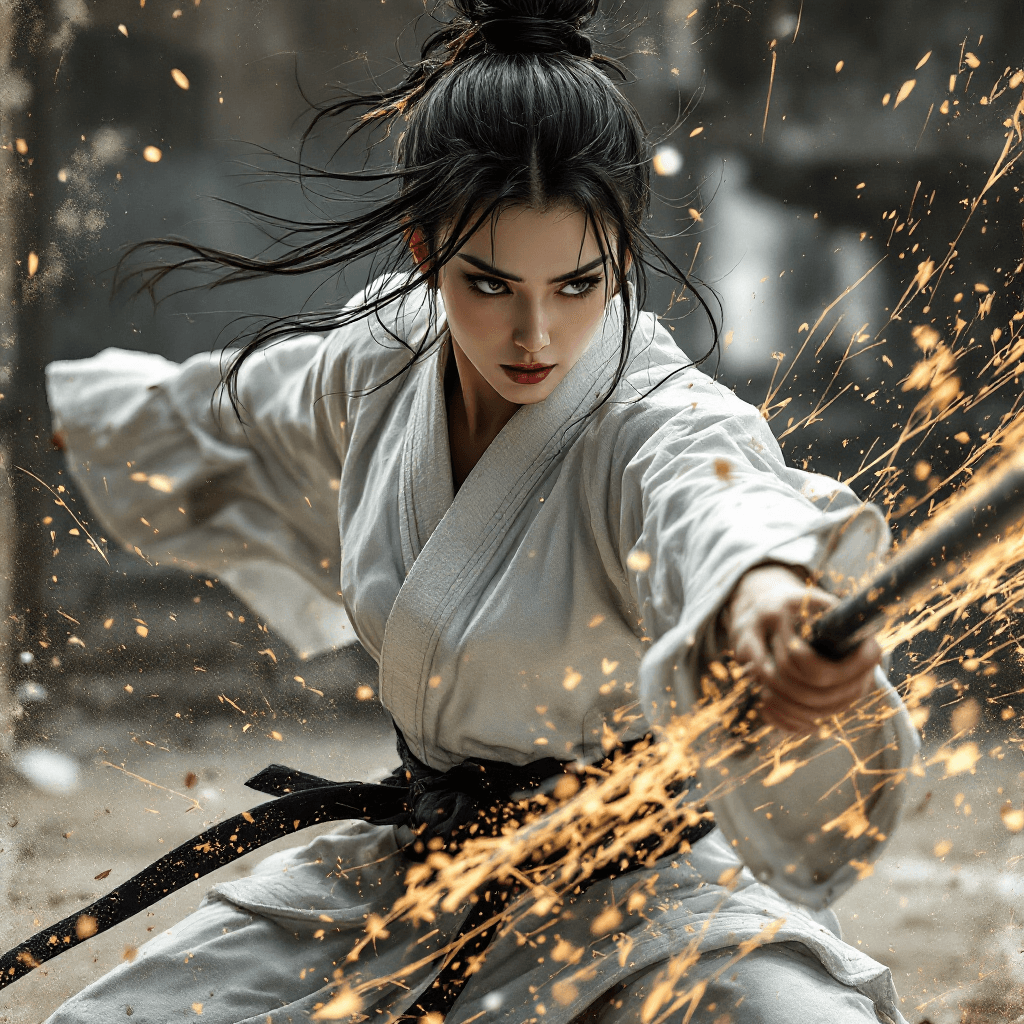 AI generated: An ultra-detailed, high contrast, elegant, gritty image of a beautiful Japanese female karate master...