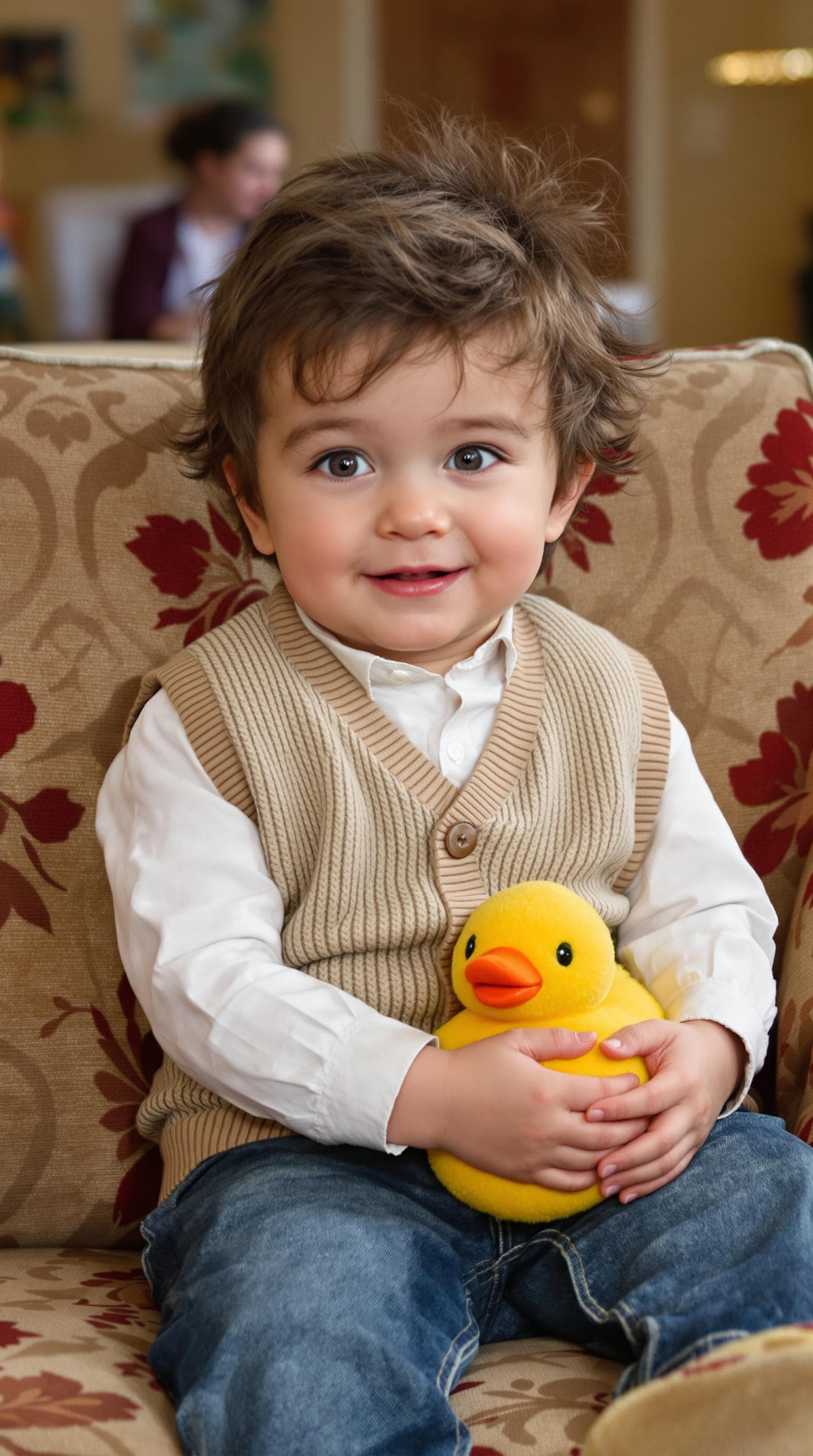 AI generated: A hyper-realistic adorable toddler boy inspired by Matthew Perry as Chandler Bing from the TV show F...
