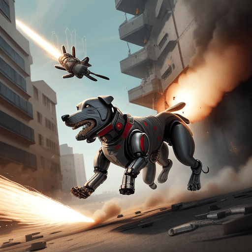 AI generated: A mechanical dog attacking a building firing bullets from his mouth as well as firing missiles from ...