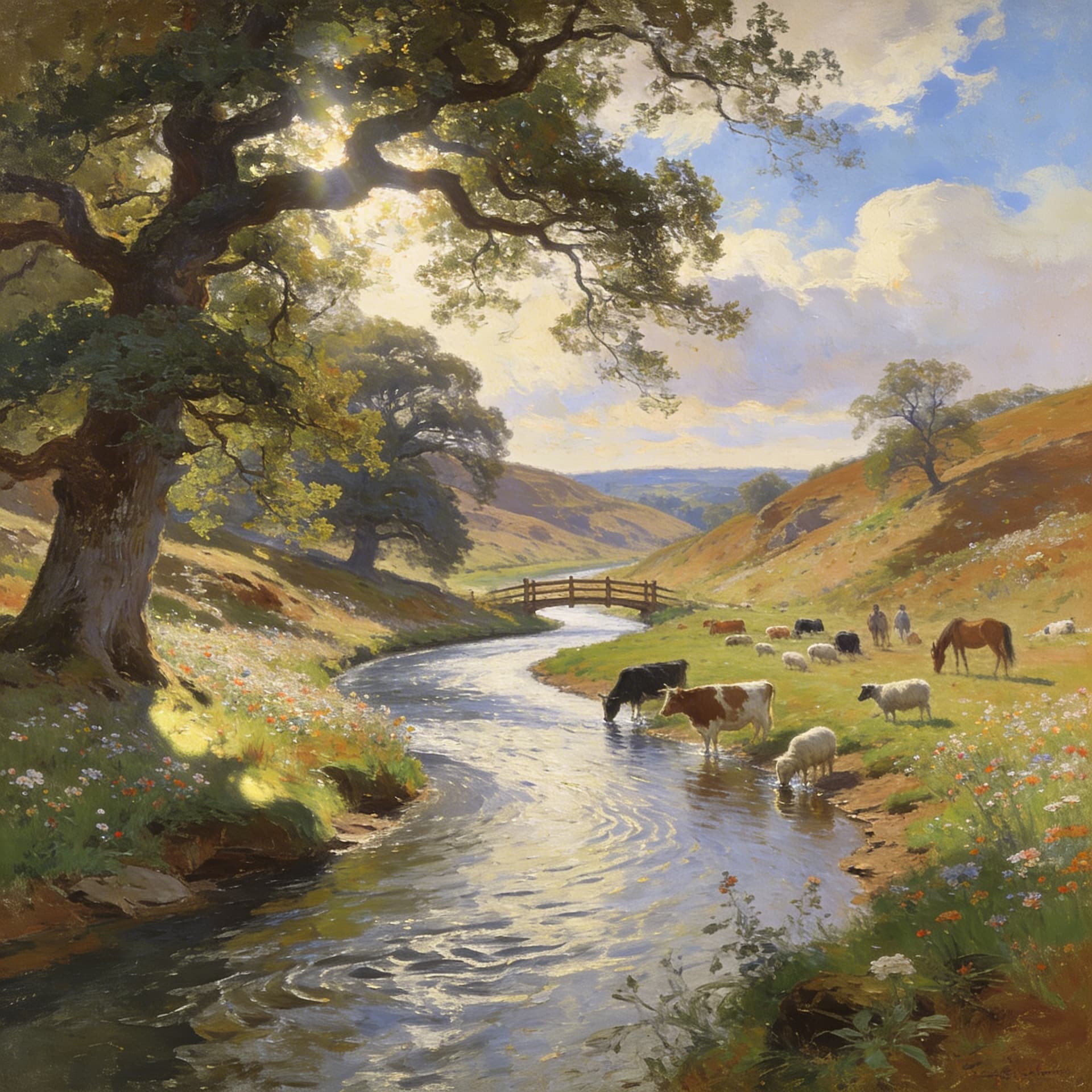 AI generated: Create a pastoral landscape artwork that looks like something a human would make. Focus on brushstro...
