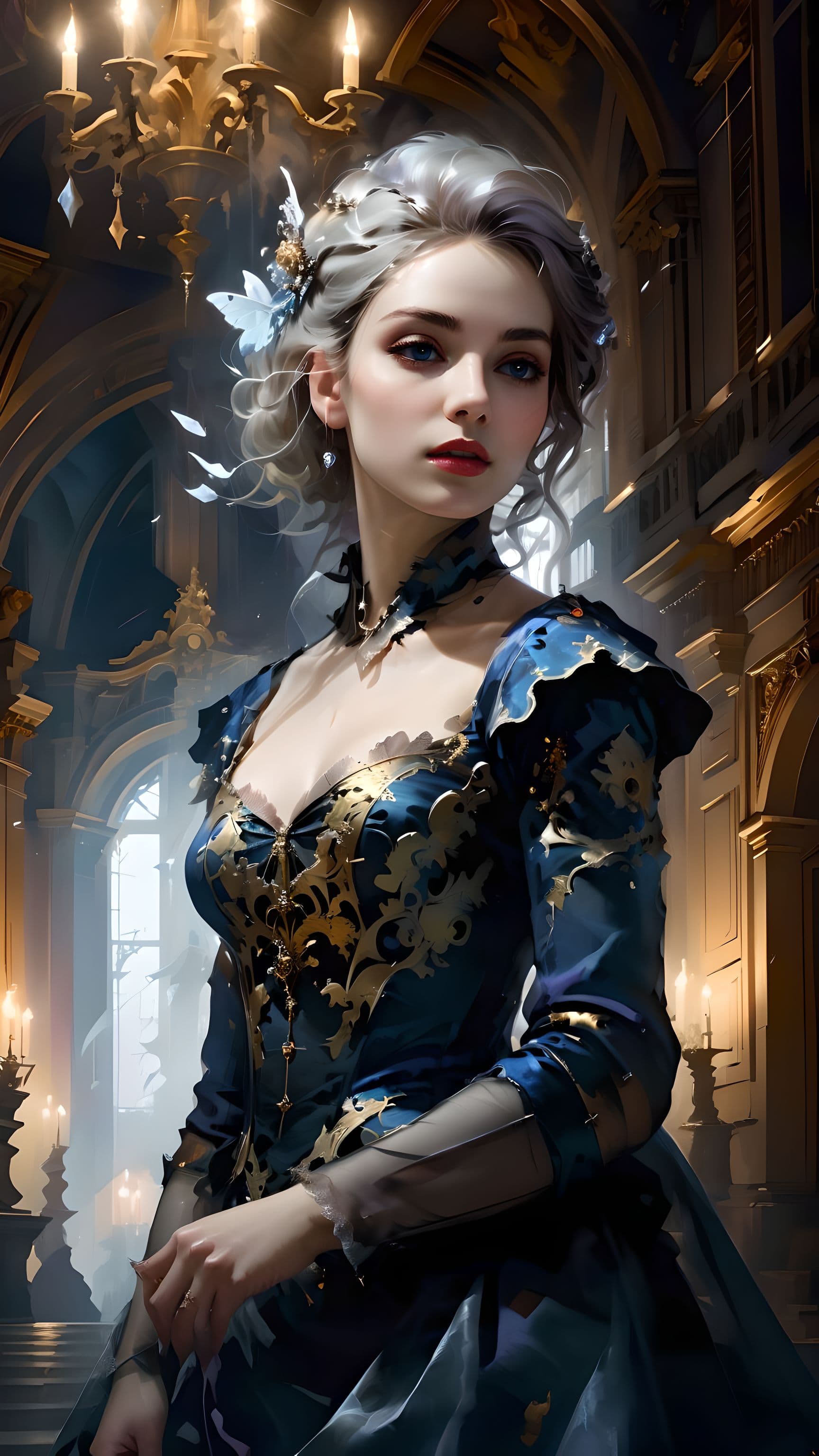 AI generated: dreamy atmosphere, dark fantasy, Baroque style, Baroque palace, Ghost effect, elegance woman, artwor...