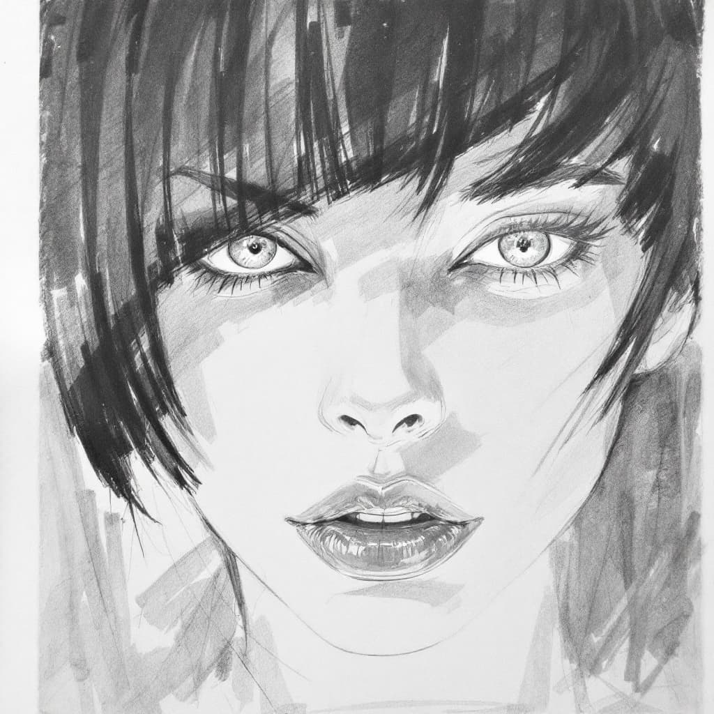 AI generated: A captivating close-up of a woman with piercing, almond-shaped eyes and bold. asymmetrical bangs fra...