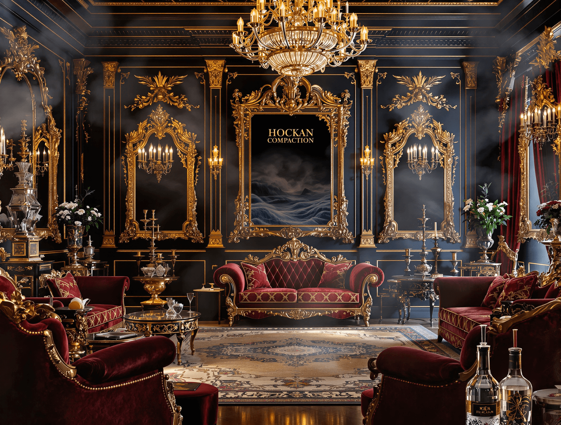 AI generated: 
Create a grand, opulent poster for The scene is a lavish Rococo/Baroque-inspired living room with d...