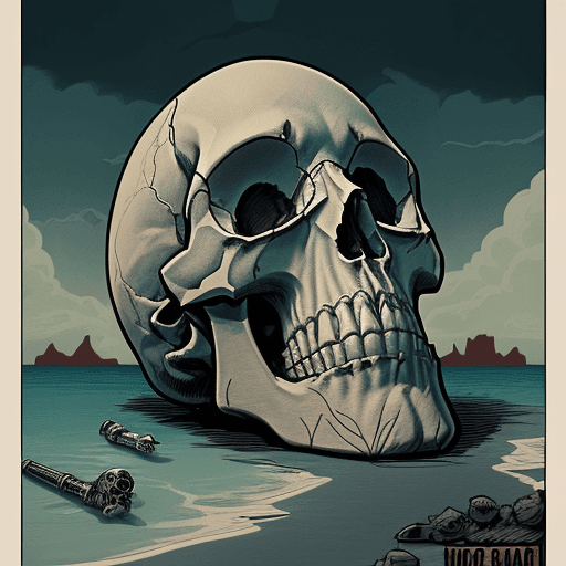 AI generated: A color comic style poster of the island of the dead, human skull figures of the undead, with A penc...