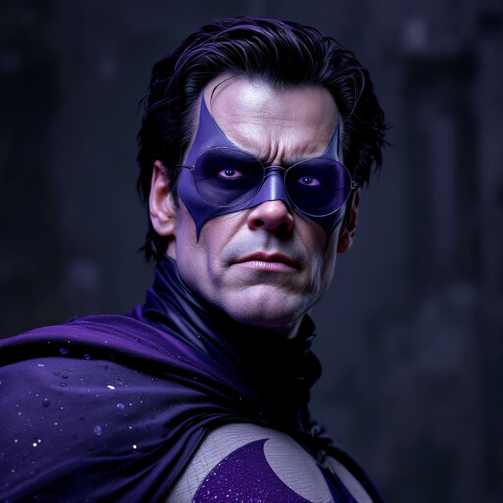 AI generated: Hyper realistic jim carrey as the purple batman