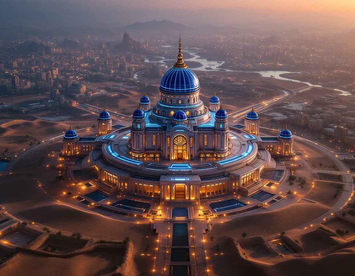 AI generated: The Central bank as seen from above : this imposing building in the center of a futuristic sci-fi ci...