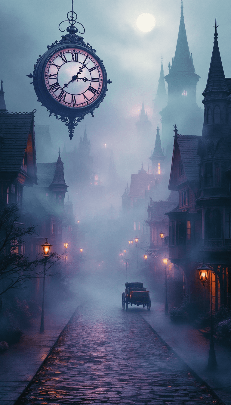AI generated: A dreamlike, painterly scene of a Victorian-era town at the break of dawn, viewed from a high, surre...