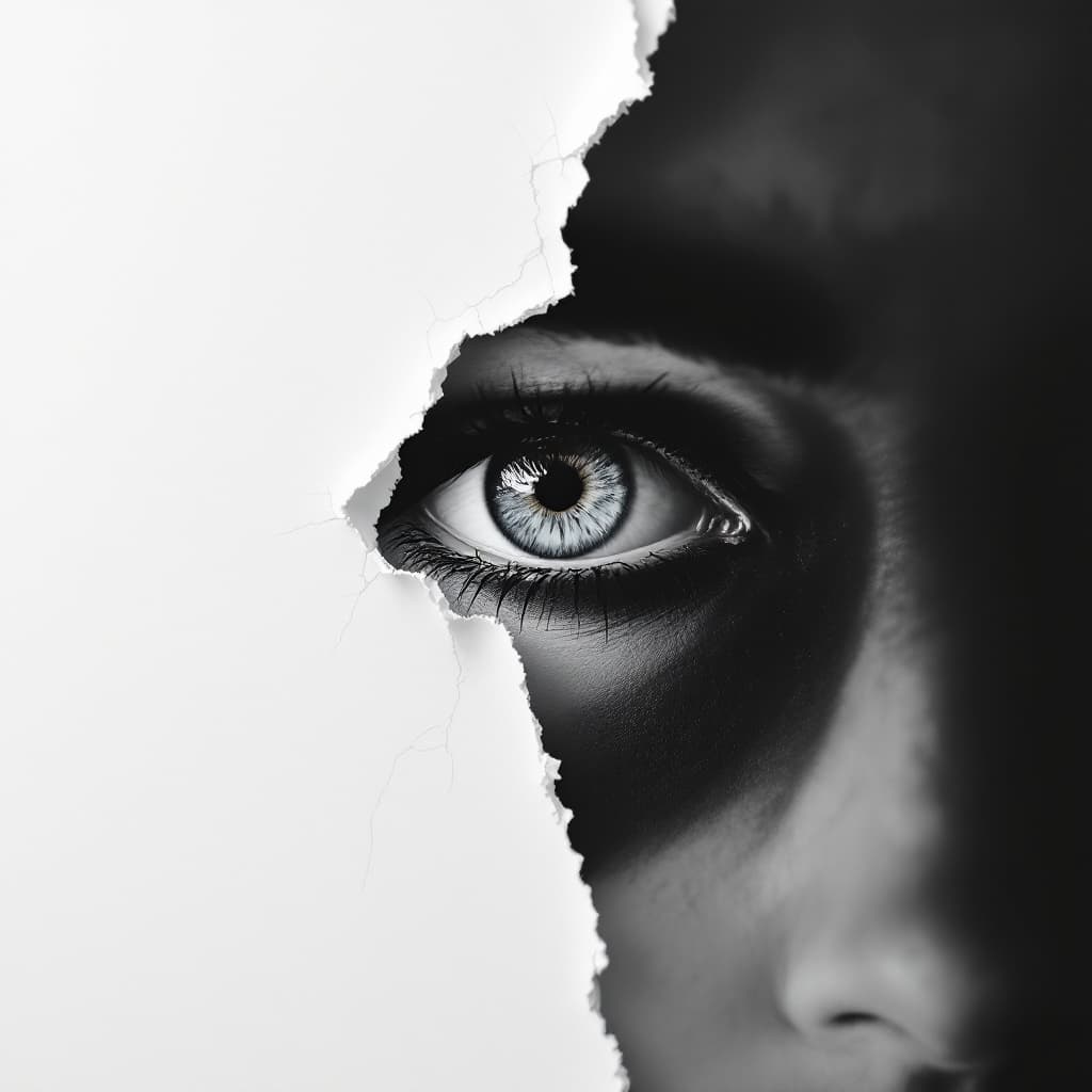 AI generated: A hyperrealistic oil painting, white background of an eye peeking through ripped paper with the shap...