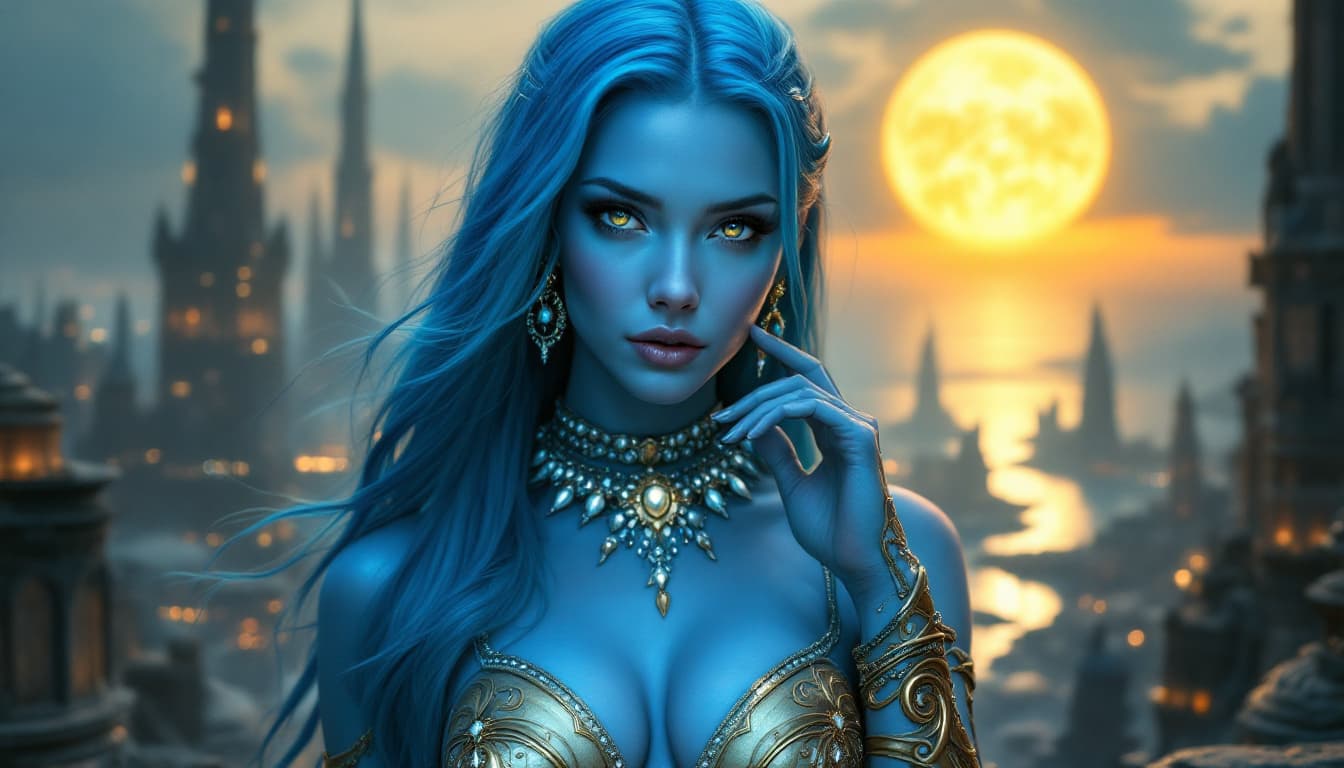 AI generated: a captivating portrait of a woman with an otherworldly aura, boasting striking blue eyes and long, l...