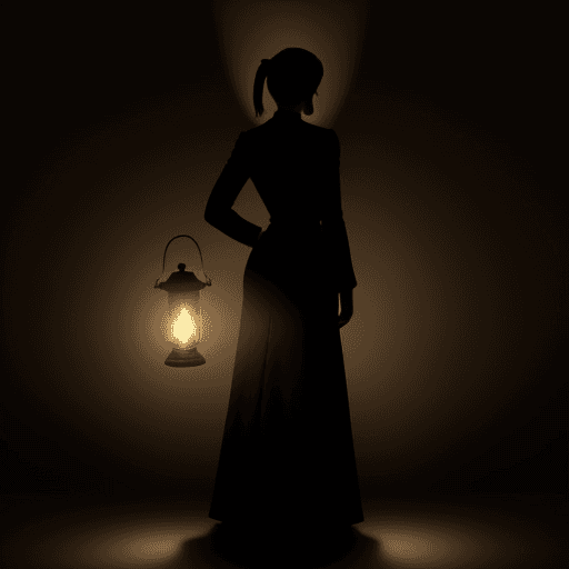 AI generated: This is a woman standing with her back. It is illuminated by a lantern and a shadow is visible