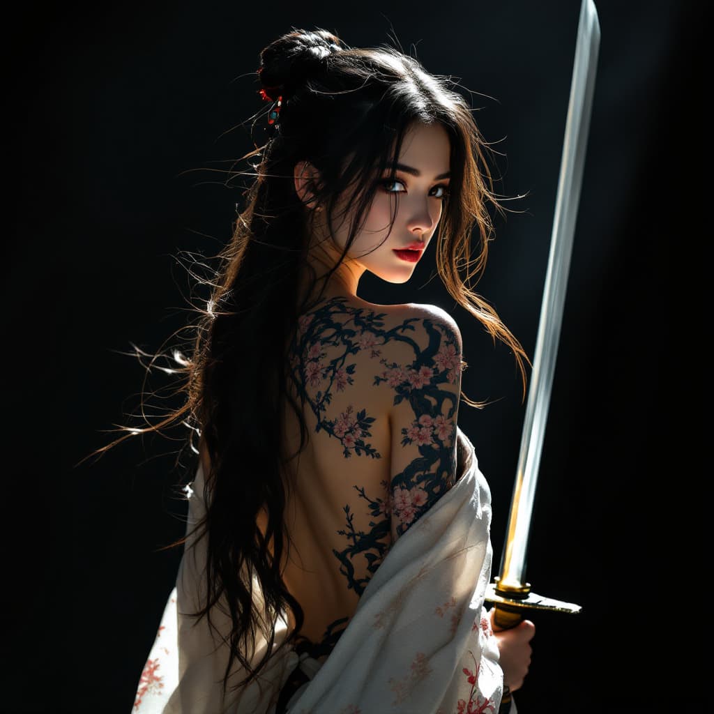 AI generated: A stunning Japanese woman standing with her back turned, softly illuminated by natural sun light, ci...