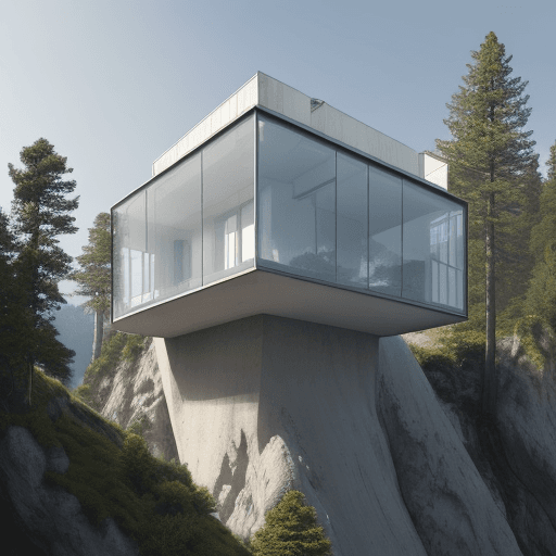 AI generated: hyper-realistic modular house where the walls are made of windows and Bauhaus-style concrete on a cl...