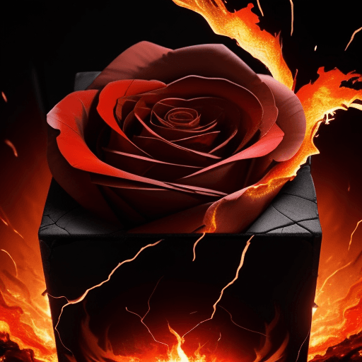AI generated: close-up photo of a beautiful red rose breaking through a cube made of fire , splintered emitting fi...