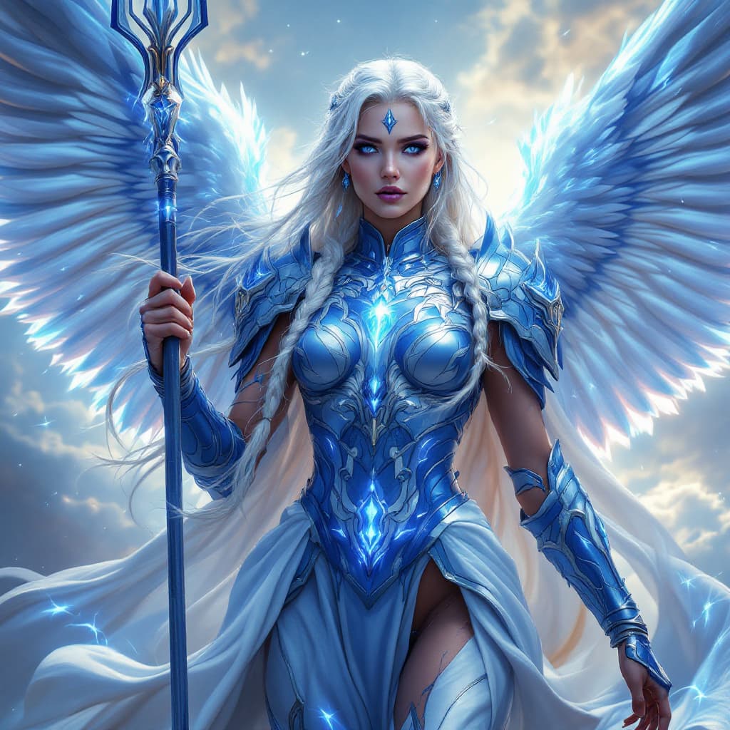 AI generated: An ultra-realistic, full-body action shot of a mesmerizing sapphire Valkyrie woman, exuding strength...