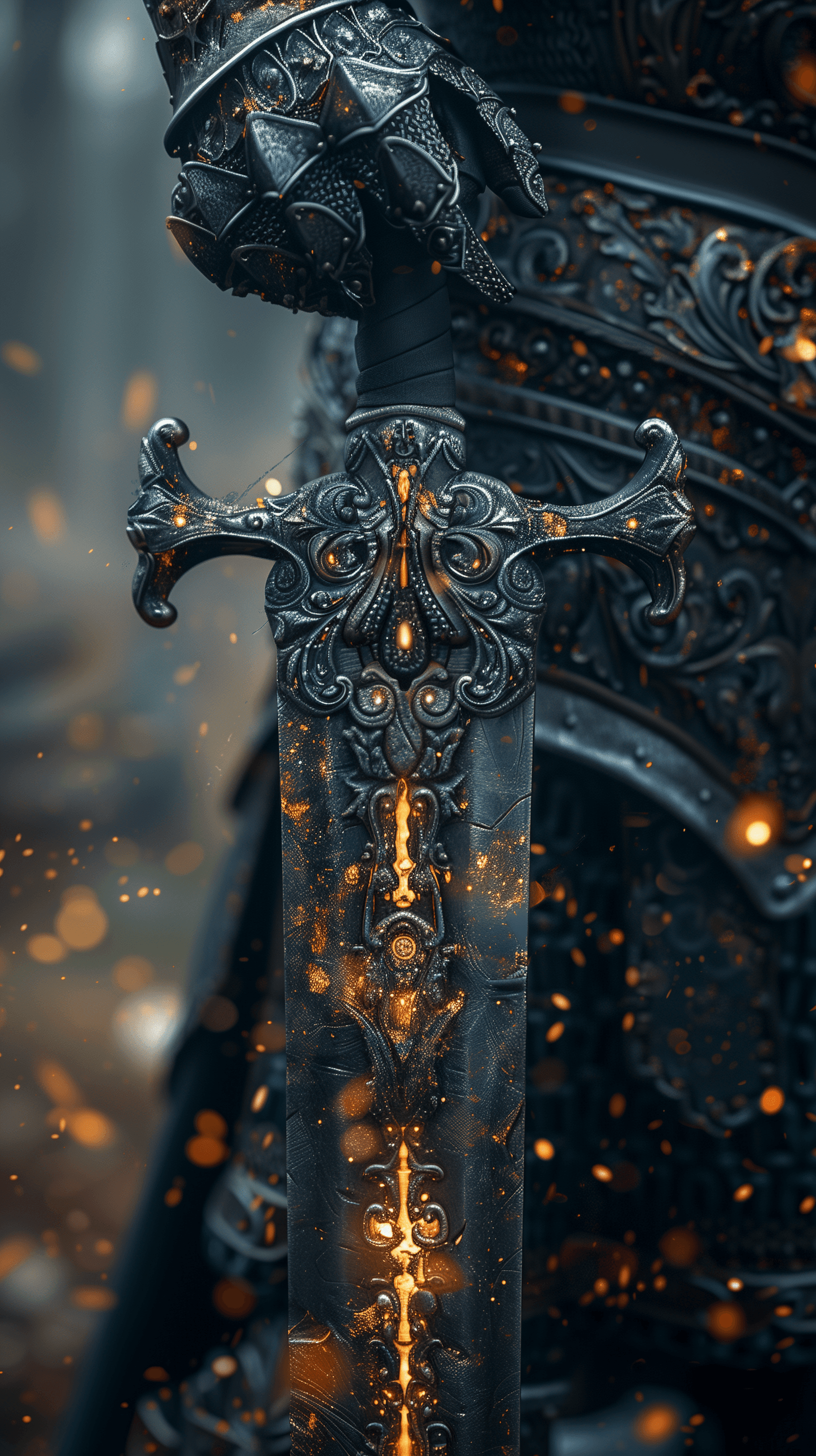 AI generated: close-up view of a knight wielding a long black sword, intricate design and the reflections along it...