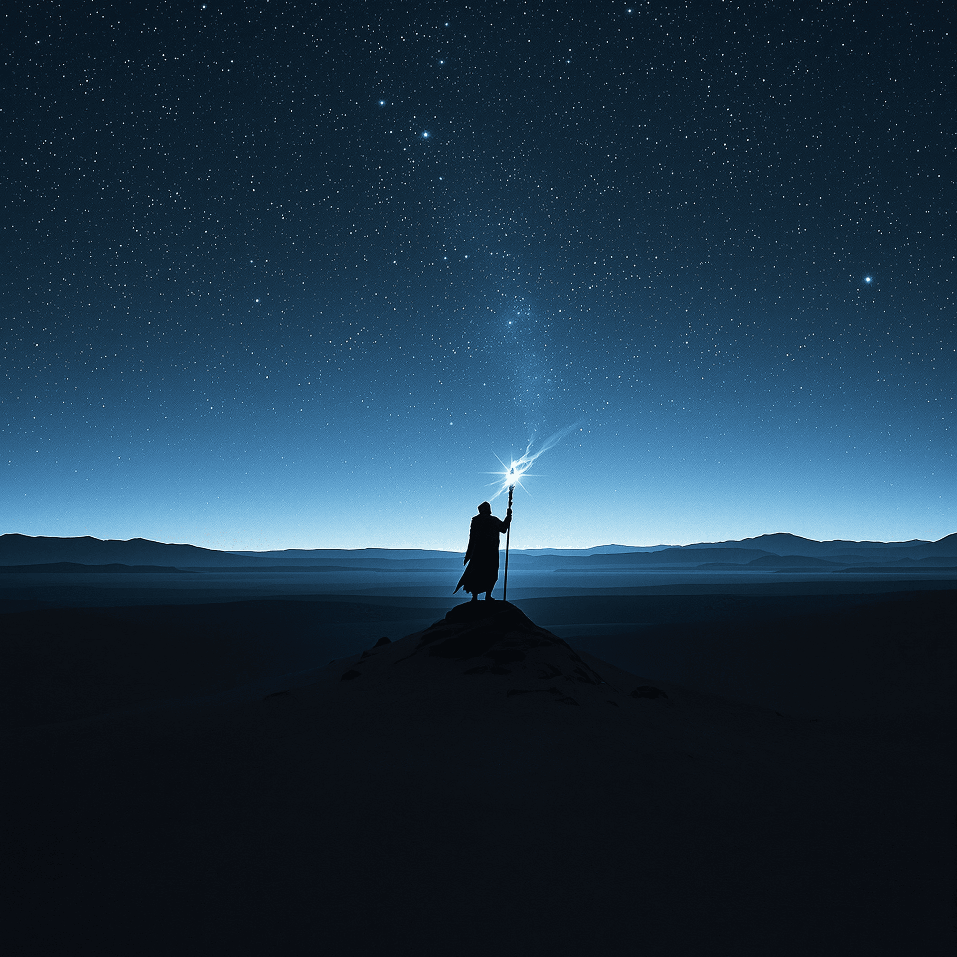 AI generated: minimalist sci-fi, solitary figure in tattered cloak stands atop barren hill, holding glowing energy...