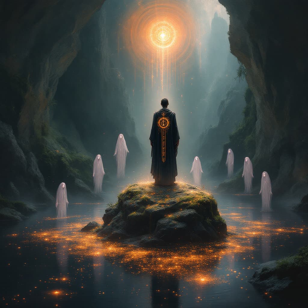 AI generated:  An abstract, mystical painting of a man standing on a mossy rock in the center of a dark, luminesce...