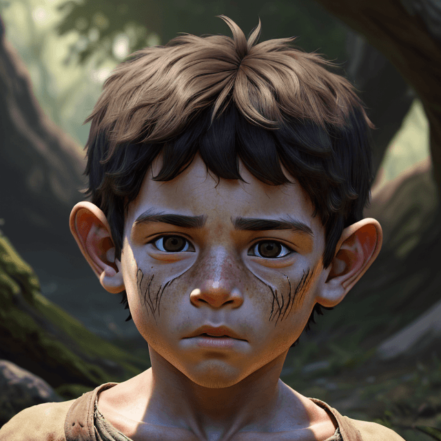 AI generated:  the face of a young prehistoric boy, frontal view, 8k
