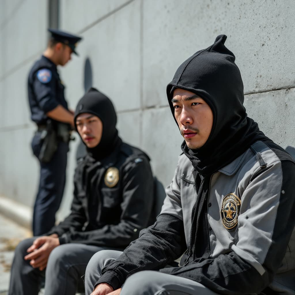 AI generated: One male Chinese wear compression tight  was arrested by policemen in day time. They are under polic...