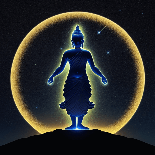 AI generated: Design a color image that shows the walking "Buddha", amidst the celestial skies. It depicts "Buddha...