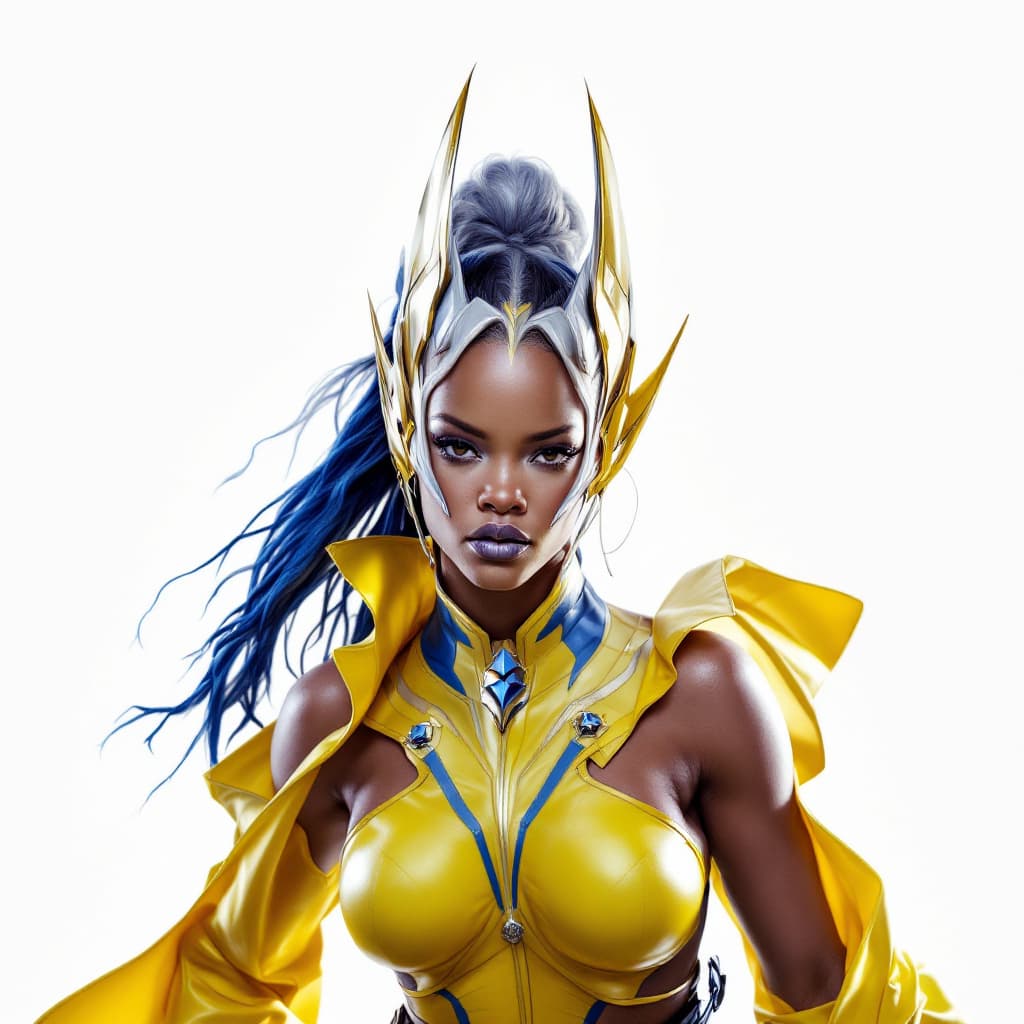 AI generated: full body of Rihanna as Storm from X-Men, young, (white background), hyperrealistic, 8k
