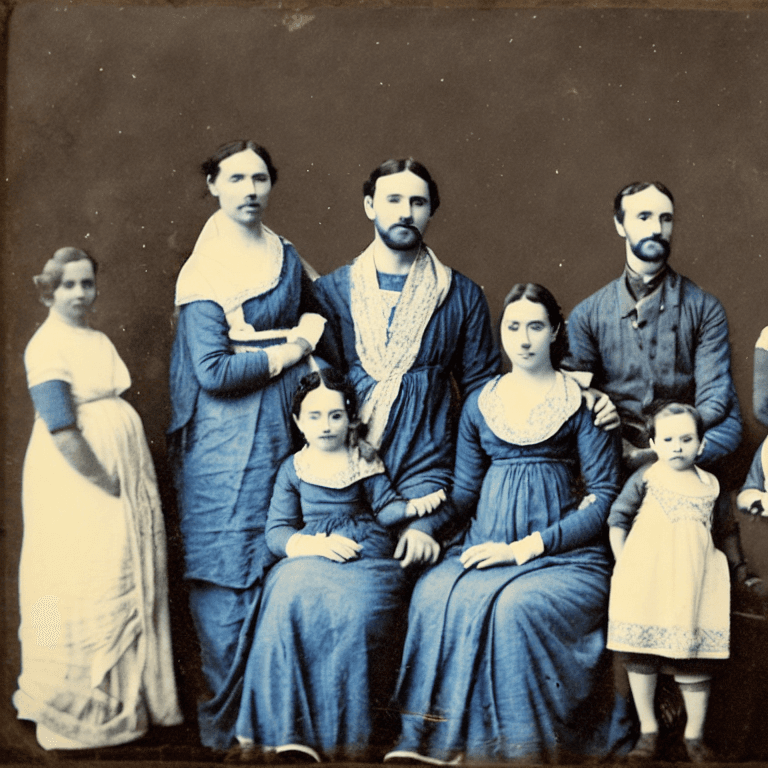 AI generated: Ancient family photo with blue and white color only 
