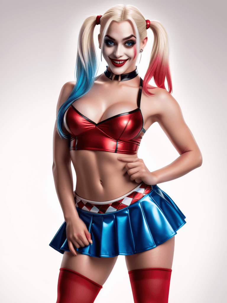 AI generated: A stunning masterpiece showcasing a Harley Quinn portrayal,radiating charm and mischief. She is wear...