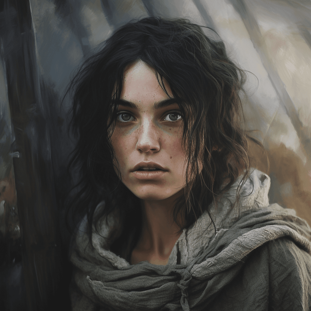 AI generated: a young female hobbit, ultra realism, lord of the rings, snowy forest, pale hues, hobbit from lord o...