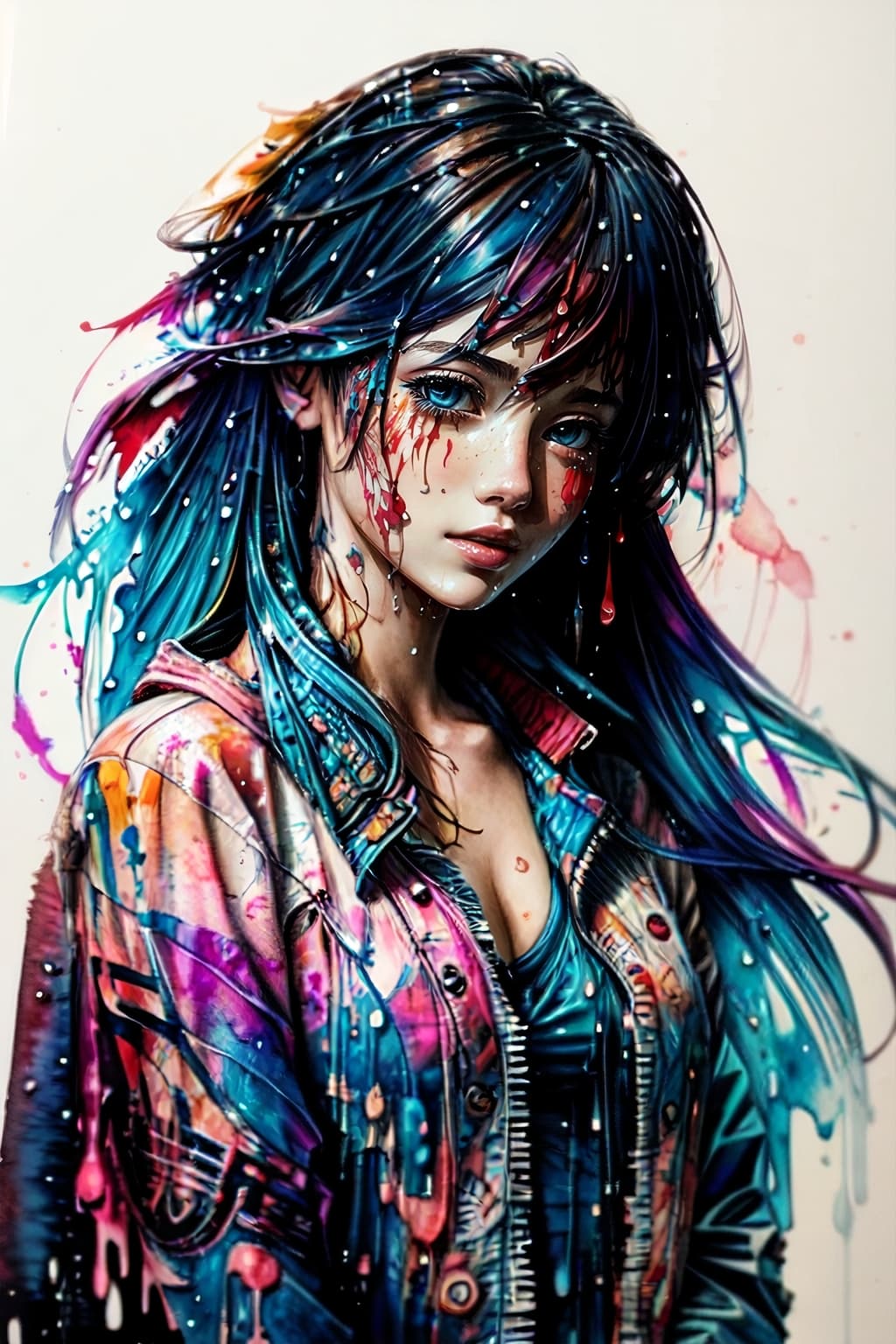 AI generated: redshift style, beauty young girl, Dripping & Splashing Watercolor, Wax crayon, intricate details, m...
