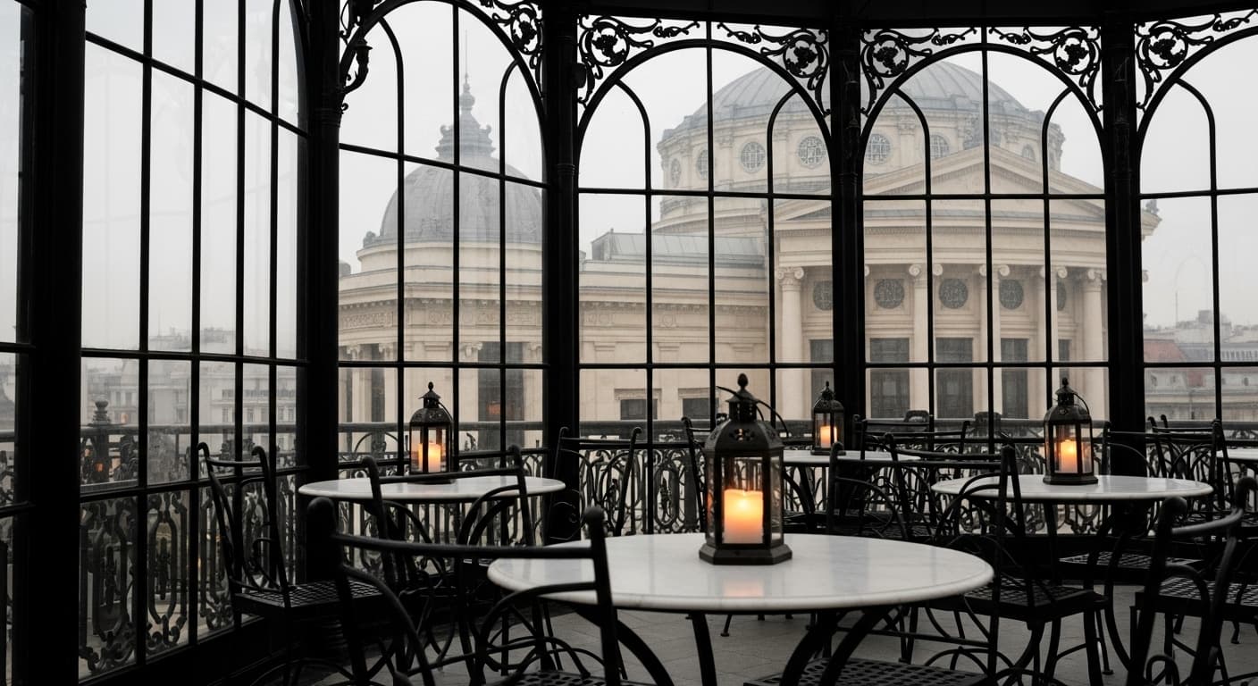 AI generated: Wrought iron tables with lanterns with marble plate in a classical Belle Epoque Romanian wintergarde...