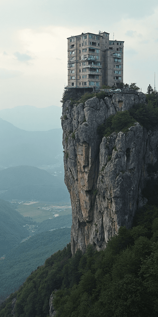 AI generated: acrophobiс photo attention-grabbing composition, the broken eastern europe block building cut-offs s...