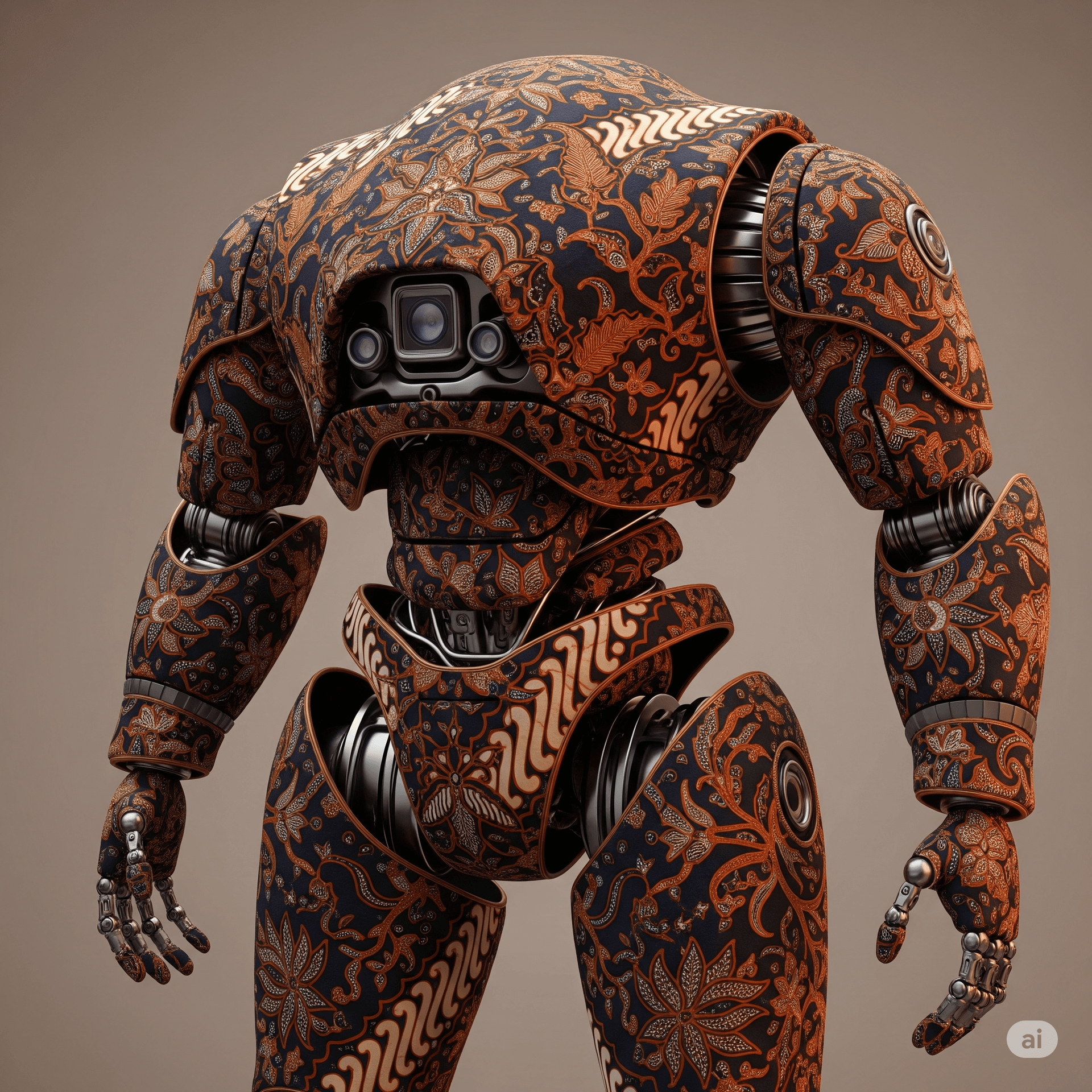 AI generated: a robot whose surface is made of Indonesian batik material 