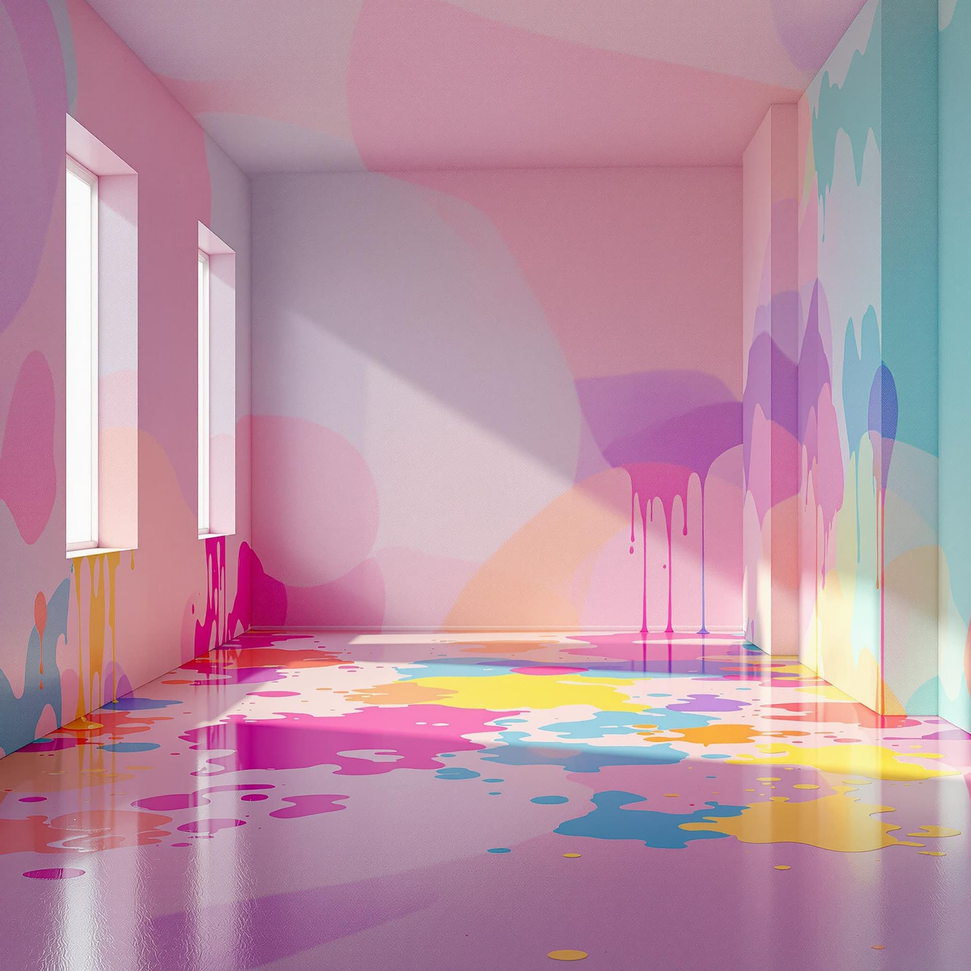 AI generated: empty colorful abstract room with 4 walls no windows, colorful paint spills on the floor, realistic ...