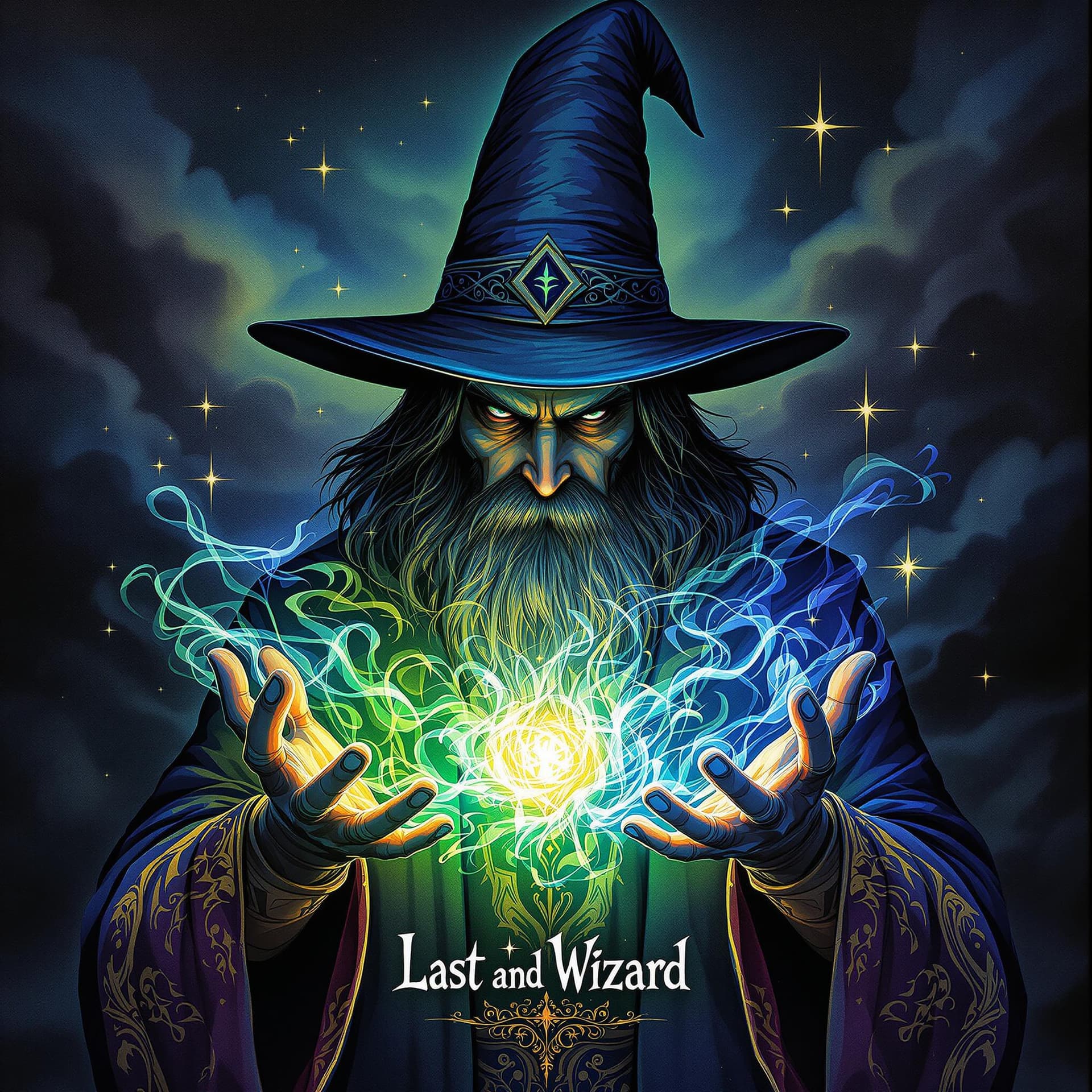 AI generated: A highly detailed and colorful illustration of a mysterious wizard with a tall, pointed hat facing t...