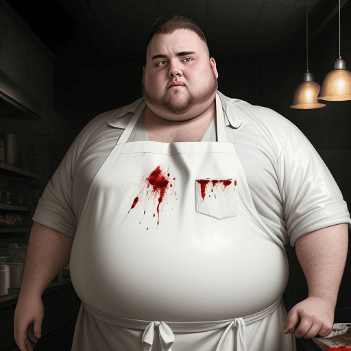 AI generated: RAW photo, low key, cinematic composition, fat  ugly  male butcher, man, rim light, blood everywhere...