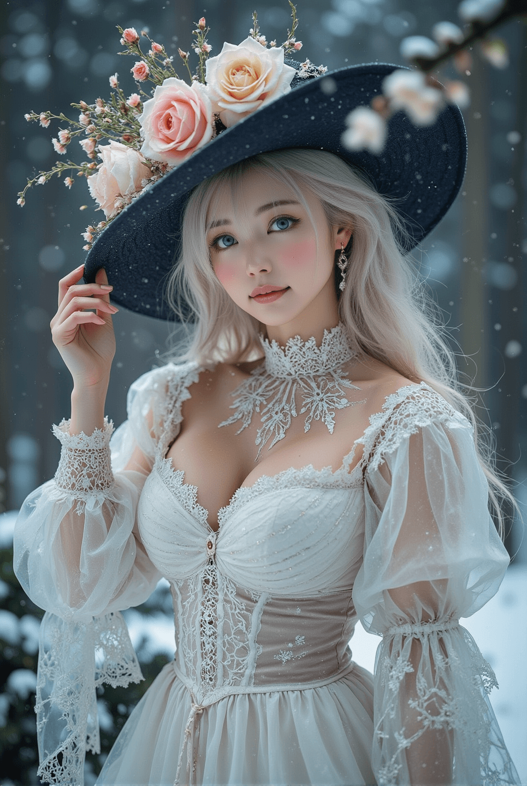 AI generated: This is an enchanting, almost fantastical portrait of a young japanese woman in a winter wonderland....