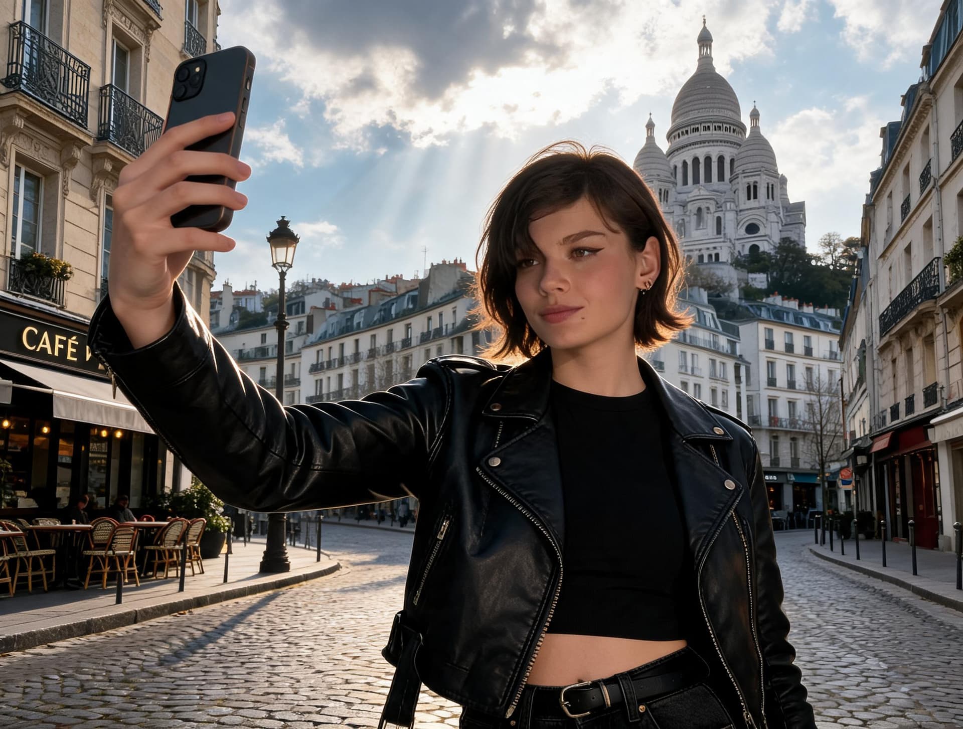 AI generated: Ultra-realistic selfie photo of a stylish European woman in Montmartre, Paris. She has fair skin, wa...