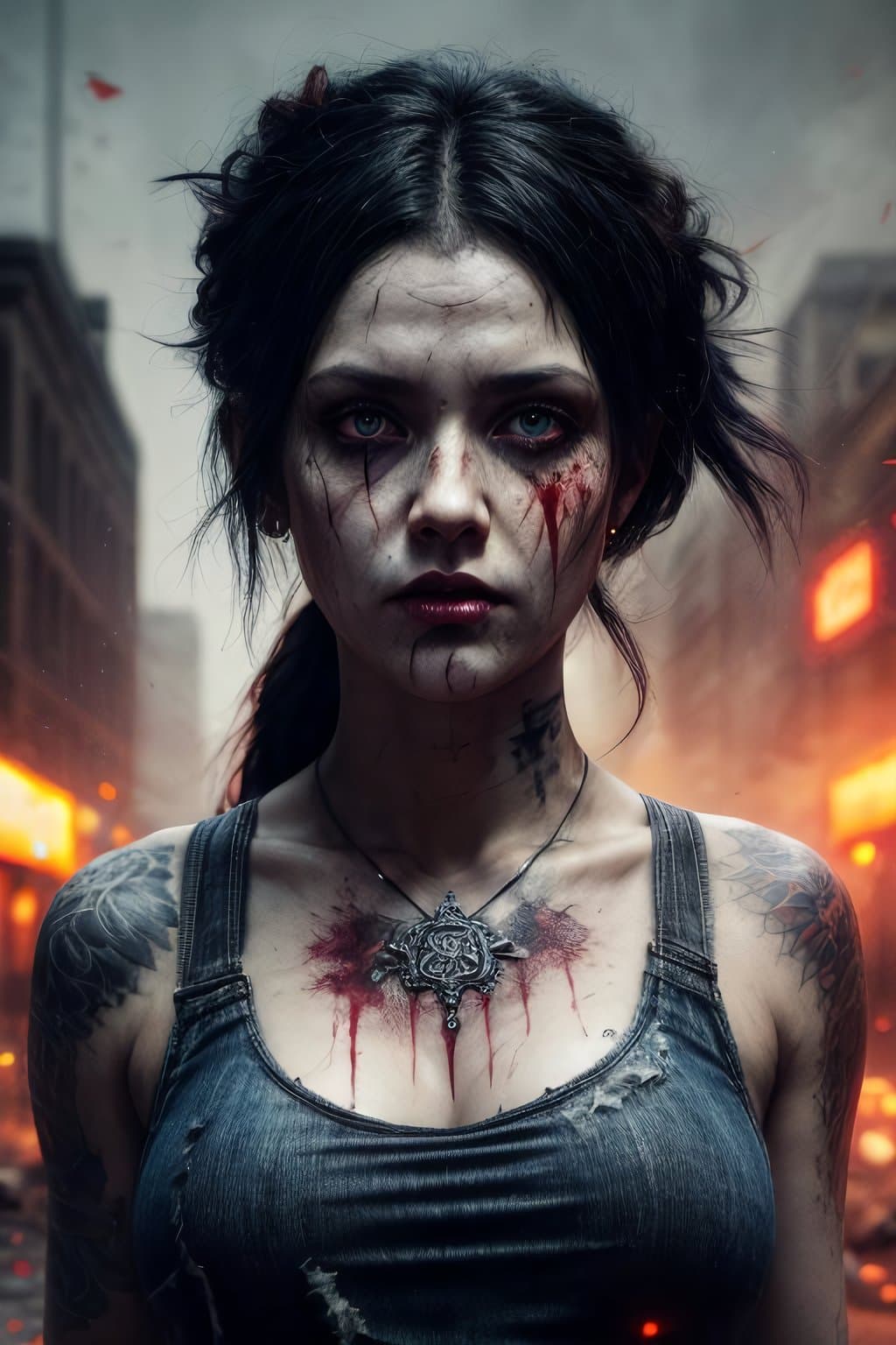 AI generated: digital illustration of a female zombie, full body, medium long shot photography, creepy and terrify...