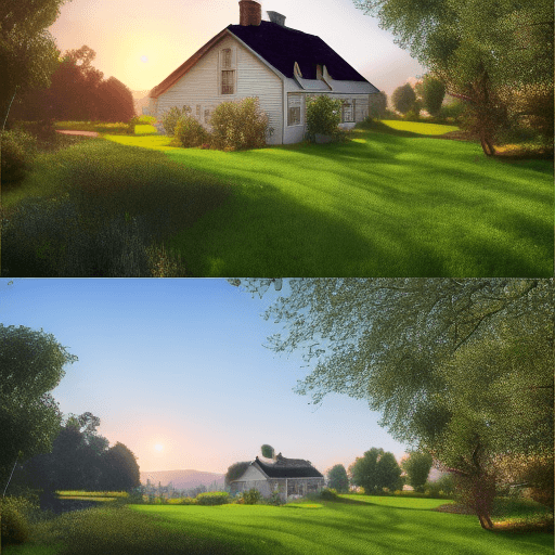 AI generated: Grid of 4 photos of a the same photo of a beautiful green field and a cottage in the back, 4k, hyper...