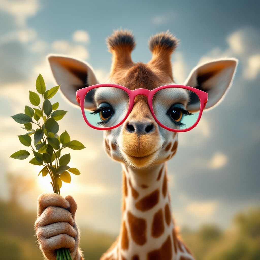 AI generated: close up of 8k resolution photography of A smiley baby giraffe with pink glasses and a bunch of tree...