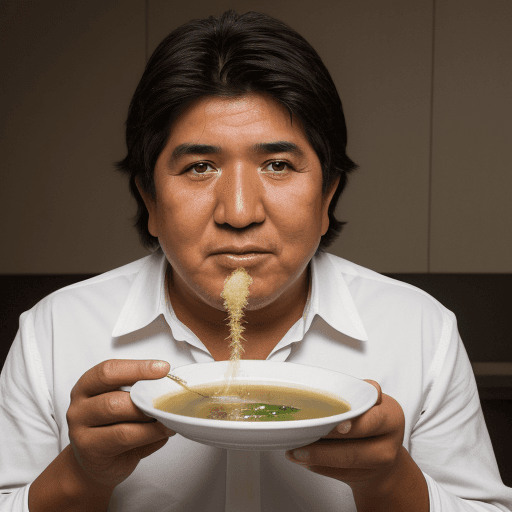 AI generated: High resolution photography Photo of a ultra realistic evo morales comiendo sopa de mani en new york...