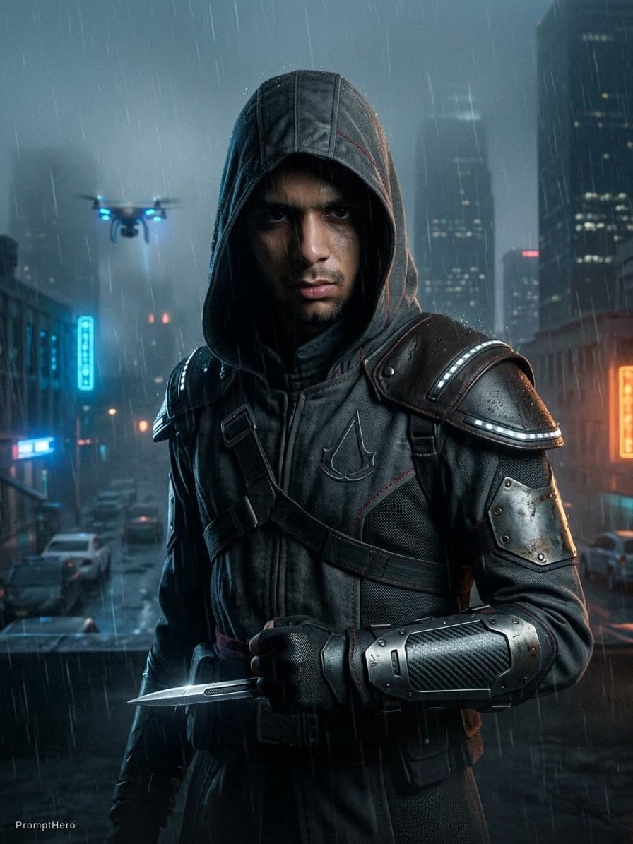 AI generated: Dark cinematic portrait of the subject as a modern-day Assassin from Assassin’s Creed, wearing a det...