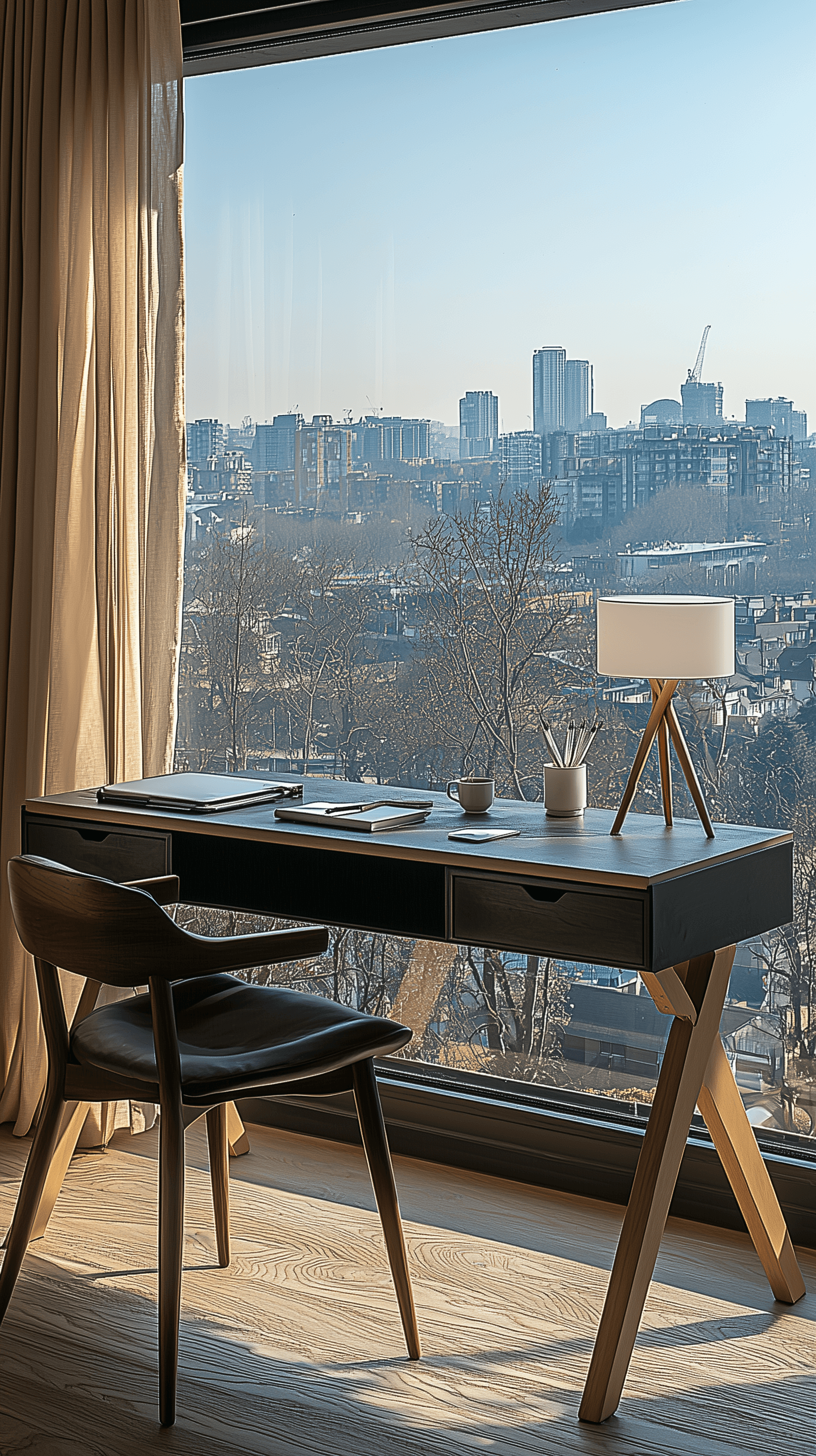 AI generated: photography, minimalist home office, large window with sheer beige curtains filtering soft natural l...