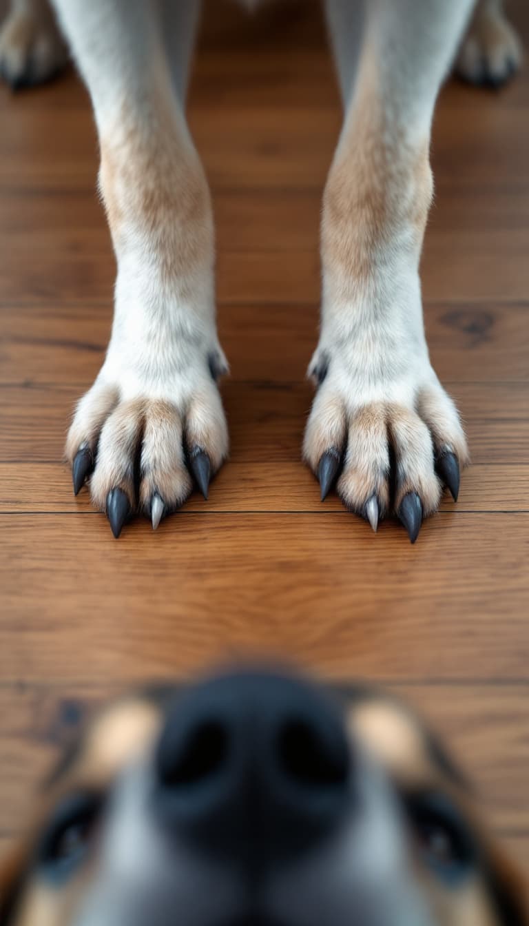AI generated: POV first-person, I am a dog standing on all fours, looking down at my front paws on the ground.

My...